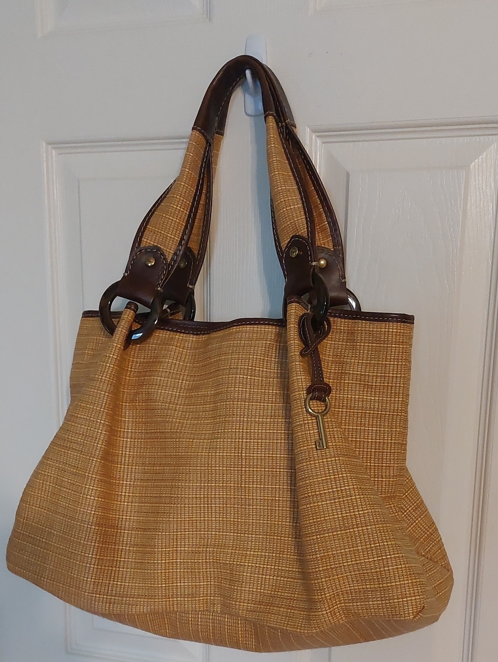 Fossil Structured Straw Tote Handbag in Tan with Dark Brown Trim